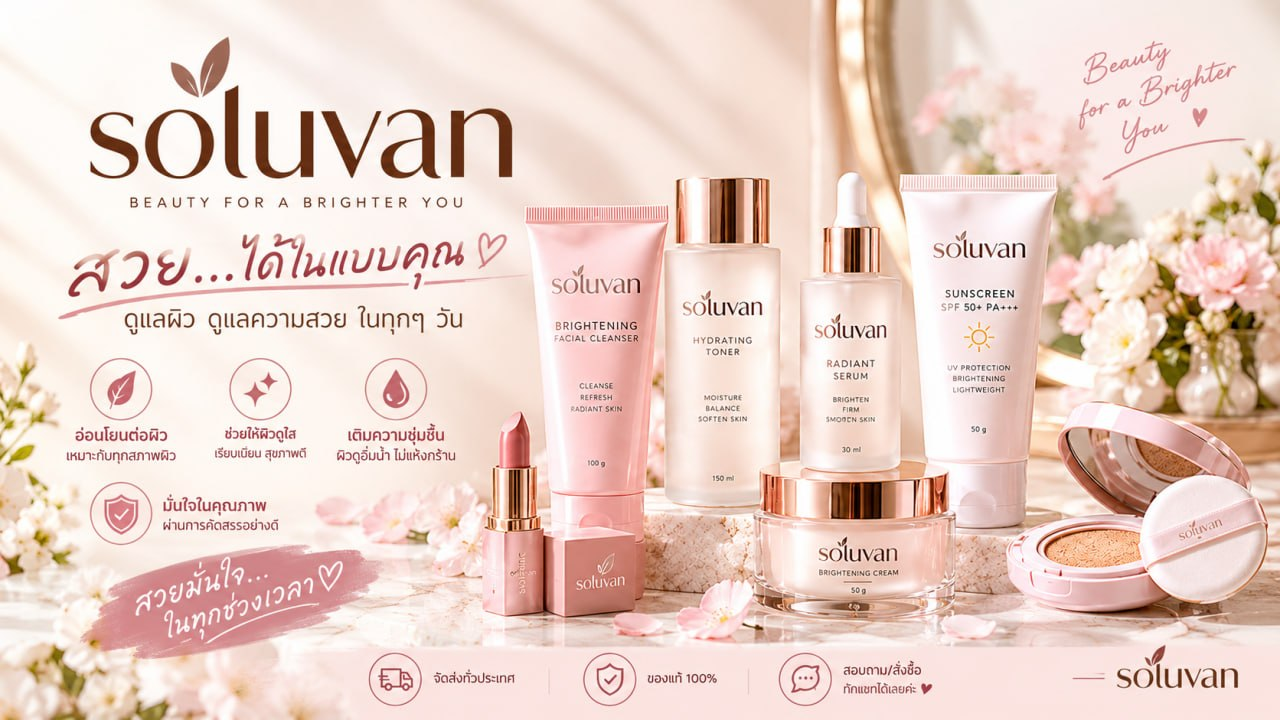 Soluvan ผลิตภัณฑ์ดูแลผิวและเครื่องสำอาง โทนสีชมพูและโรสโกลด์